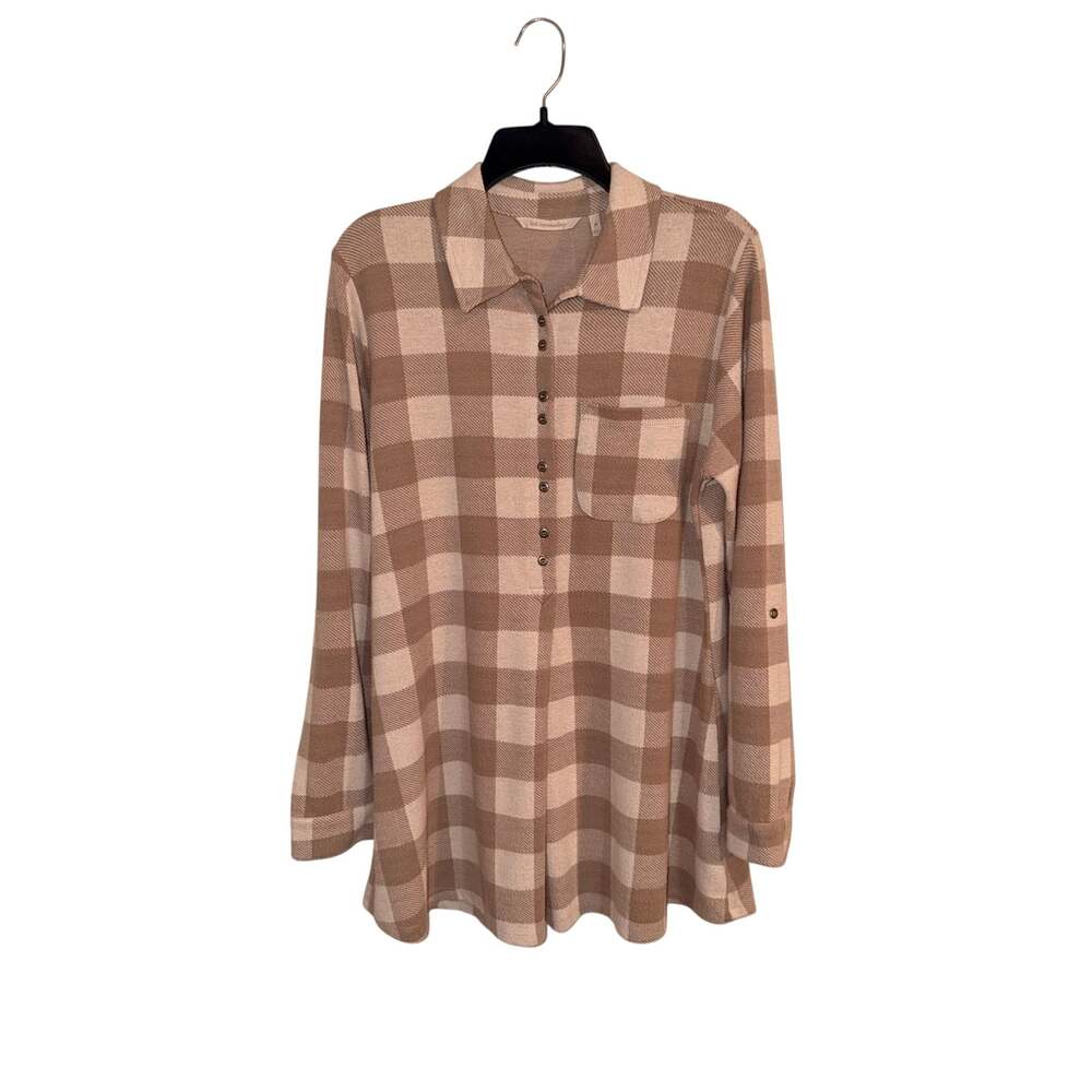 Soft Surroundings Womens M Beige Plaid Button Front Tunic Shirt Long Sleeve